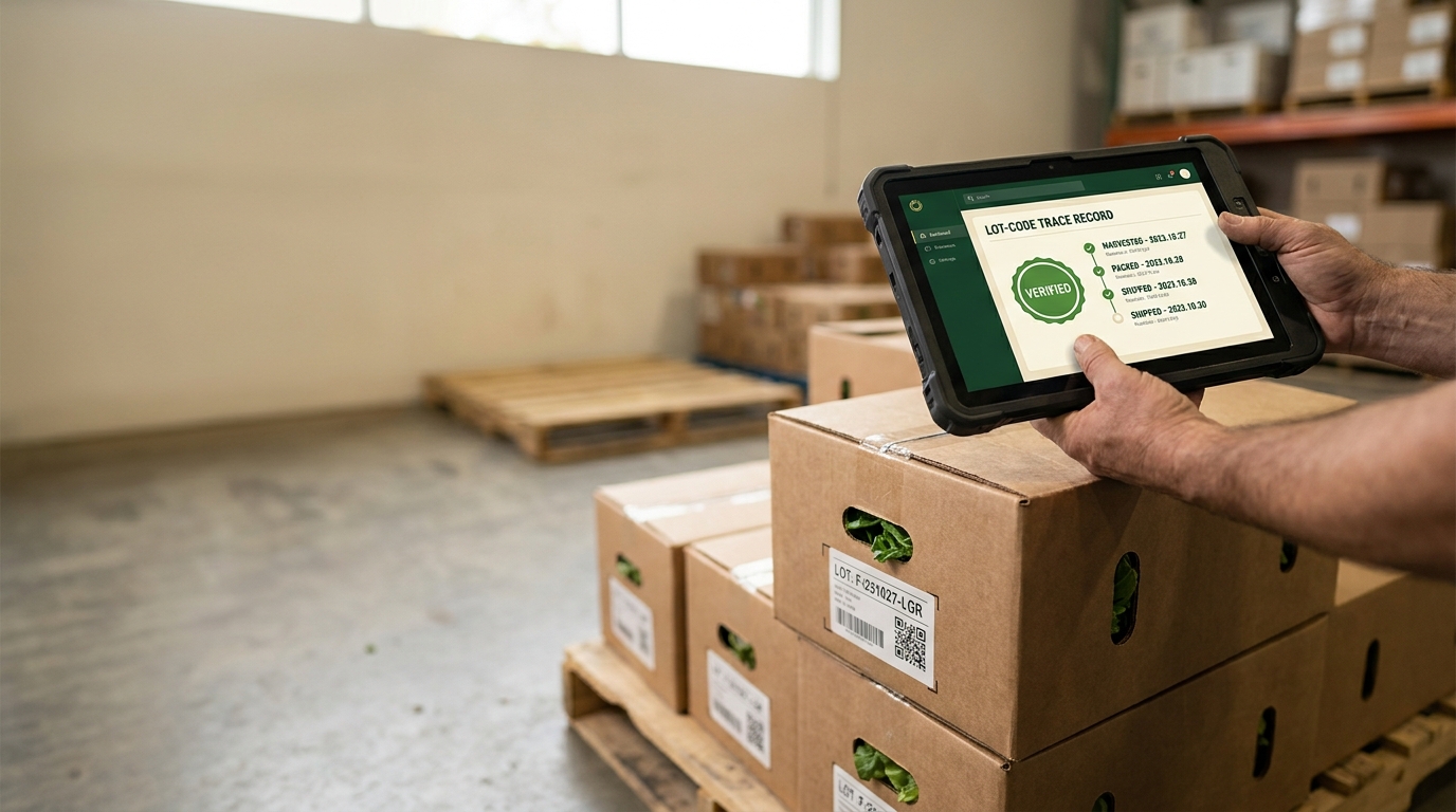 Warehouse operator verifying an FSMA 204 lot-code trace record on a rugged tablet above a pallet of labeled produce cases.